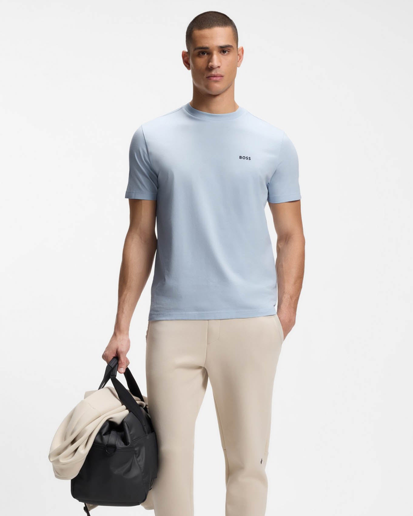 BOSS Green Tee Mens Stretch Cotton T-Shirt with Contrast Logo - Open Blue 460