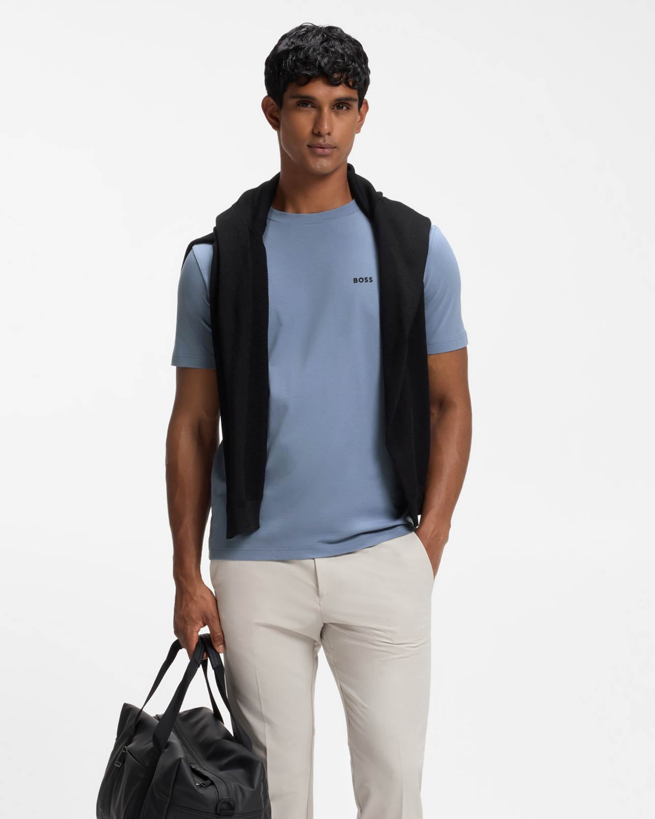 BOSS Green Tee Mens Stretch Cotton T-Shirt with Contrast Logo - Open Blue 491