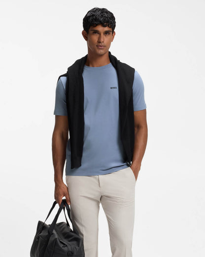 BOSS Green Tee Mens Stretch Cotton T-Shirt with Contrast Logo - Open Blue 491