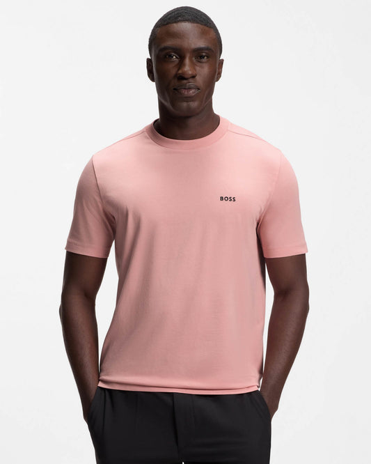 Model wearing BOSS Green Tee Mens Stretch Cotton T-Shirt with Contrast Logo in Light/Pastel Pink 686 - Front