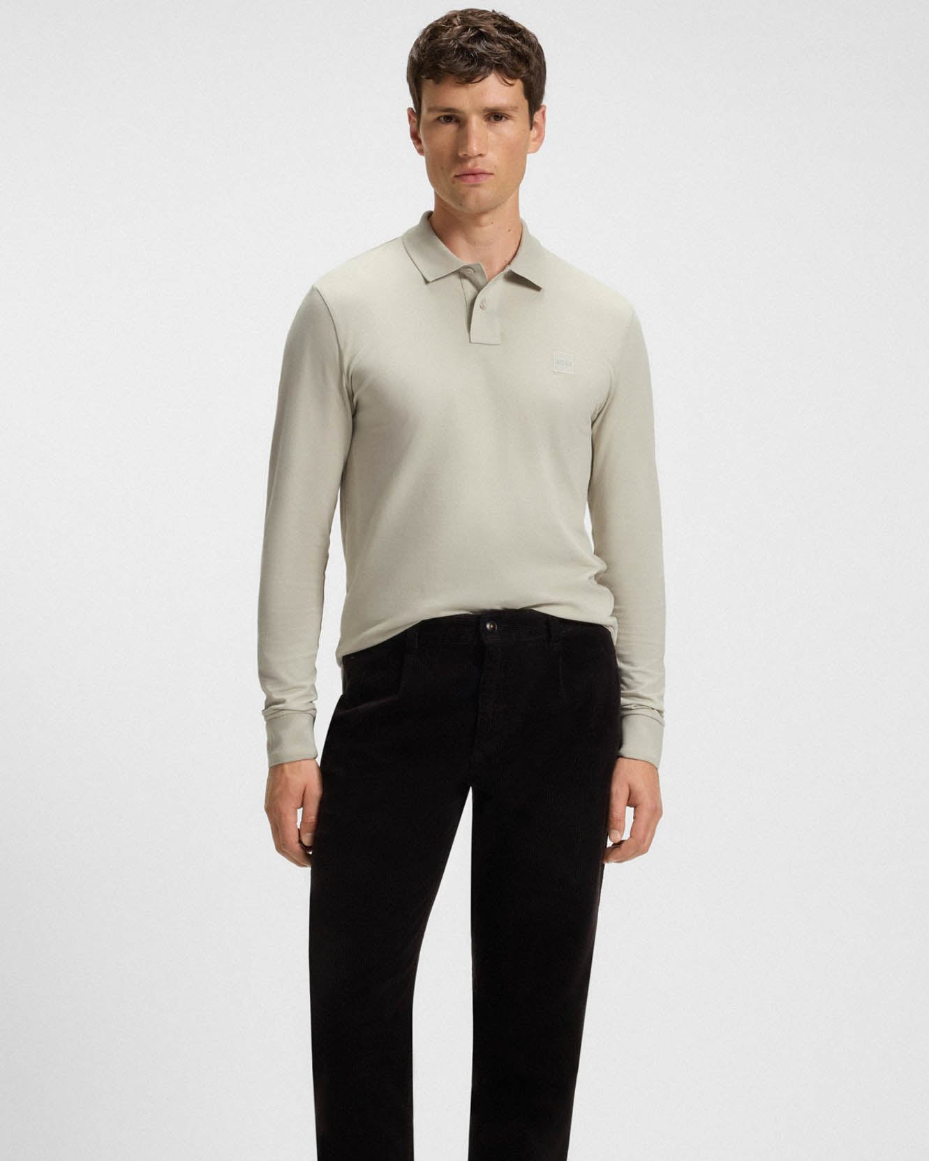 BOSS Orange Passerby Mens Long Sleeve Stretch-Cotton Polo Shirt with Logo Patch - Light Beige 271