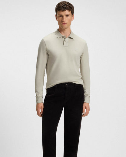BOSS Orange Passerby Mens Long Sleeve Stretch-Cotton Polo Shirt with Logo Patch - Light Beige 271