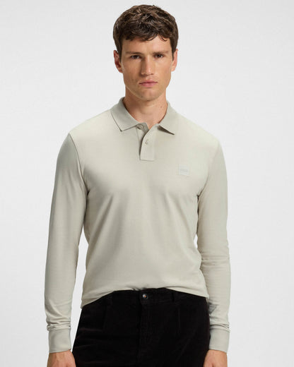 BOSS Orange Passerby Mens Long Sleeve Stretch-Cotton Polo Shirt with Logo Patch - Light Beige 271