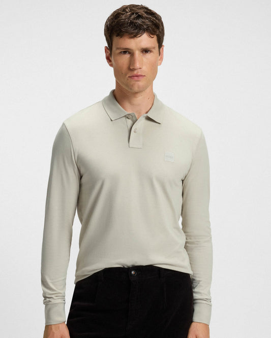 BOSS Orange Passerby Mens Long Sleeve Stretch-Cotton Polo Shirt with Logo Patch - Light Beige 271