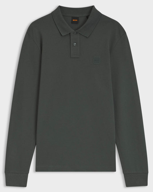 BOSS Orange Passerby Mens Long Sleeve Stretch - Cotton Polo Shirt with Logo Patch - Open Green 377 | CHO | Designer Mens Long Sleeve Polo Shirts