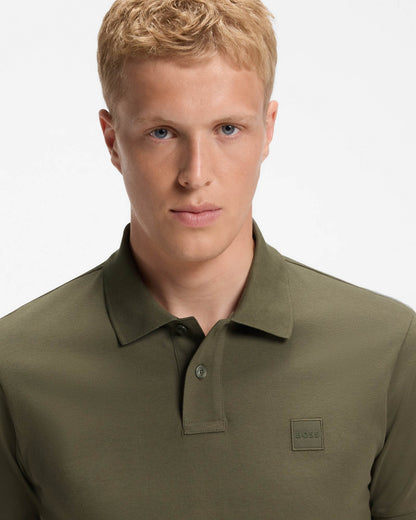 BOSS Orange Passenger Mens Stretch - Cotton Slim - Fit Polo Shirt with Logo Patch - Bright Green 325 | CHO | Designer Mens Short Sleeve Polo Shirts