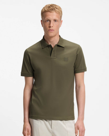 BOSS Orange Passenger Mens Stretch - Cotton Slim - Fit Polo Shirt with Logo Patch - Bright Green 325 | CHO | Designer Mens Short Sleeve Polo Shirts