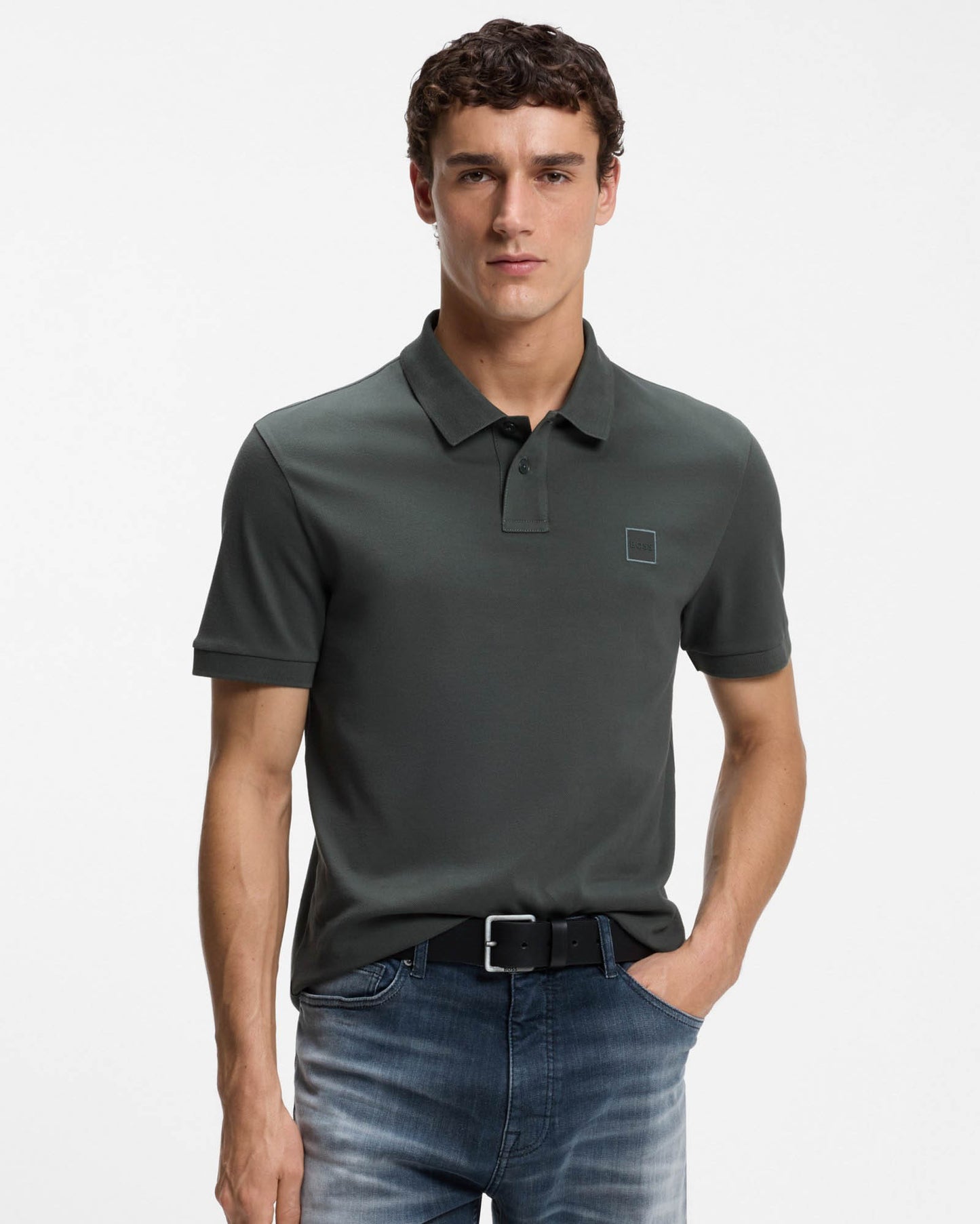 BOSS Orange Passenger Mens Stretch-Cotton Slim-Fit Polo Shirt with Logo Patch - Open Green 377