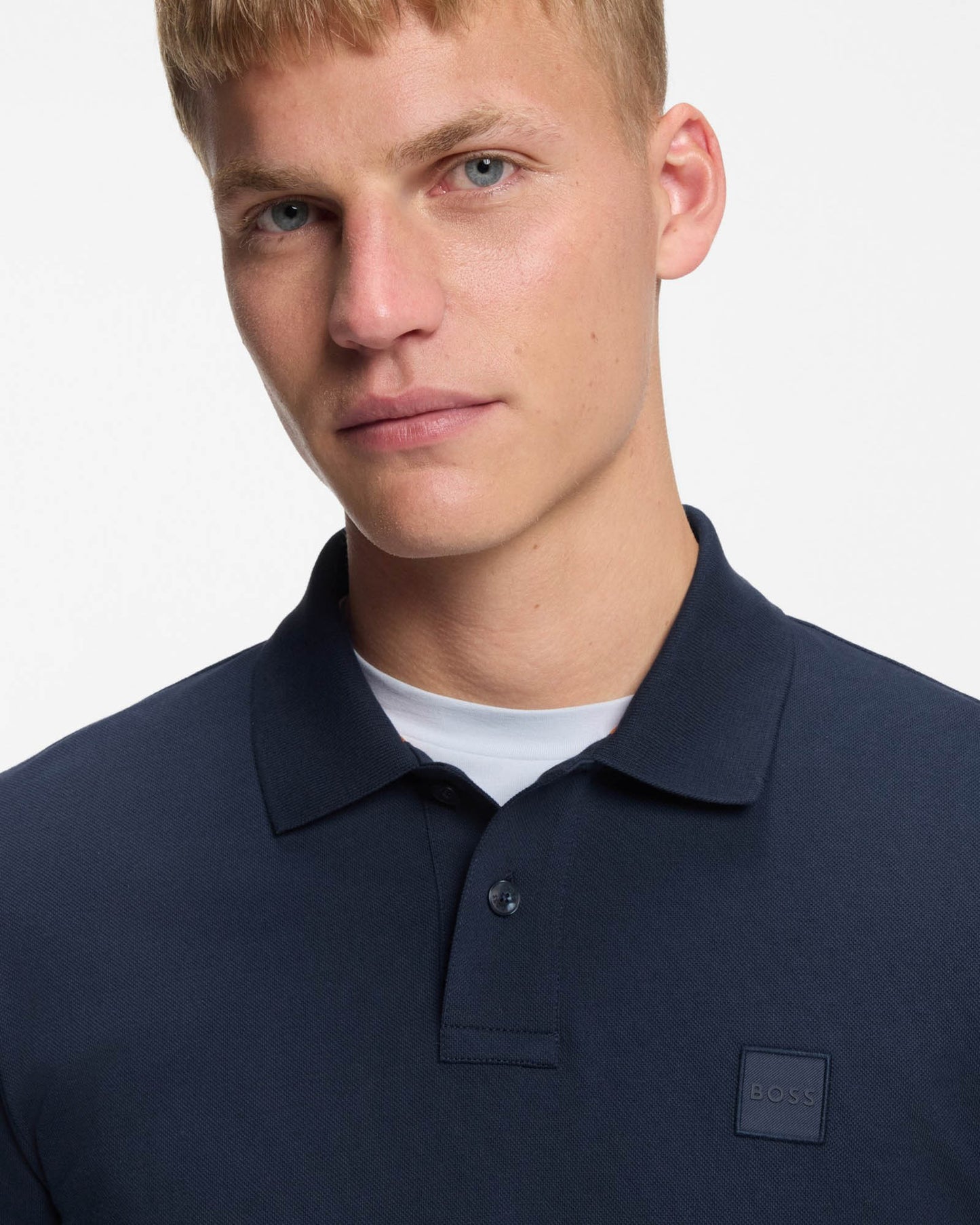 BOSS Orange Passenger Mens Stretch-Cotton Slim-Fit Polo Shirt with Logo Patch - Open Blue 464