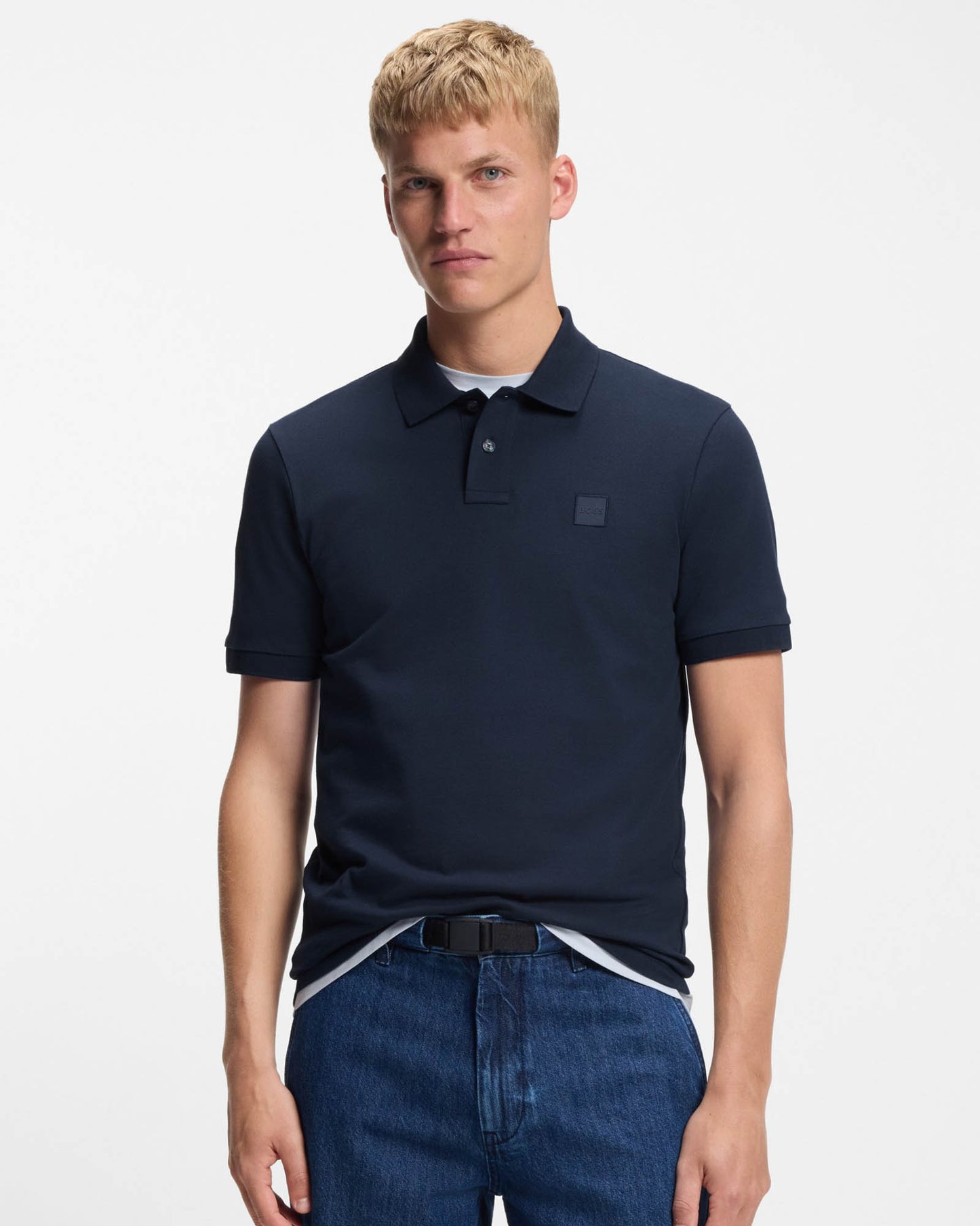 BOSS Orange Passenger Mens Stretch-Cotton Slim-Fit Polo Shirt with Logo Patch - Open Blue 464