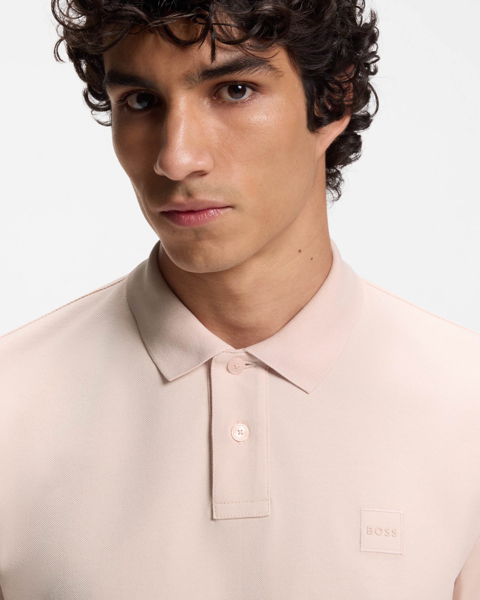 BOSS Orange Passenger Mens Stretch - Cotton Slim - Fit Polo Shirt with Logo Patch - Open Pink 690 | CHO | Designer Mens Short Sleeve Polo Shirts