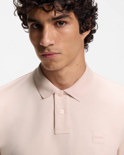 BOSS Orange Passenger Mens Stretch - Cotton Slim - Fit Polo Shirt with Logo Patch - Open Pink 690 | CHO | Designer Mens Short Sleeve Polo Shirts