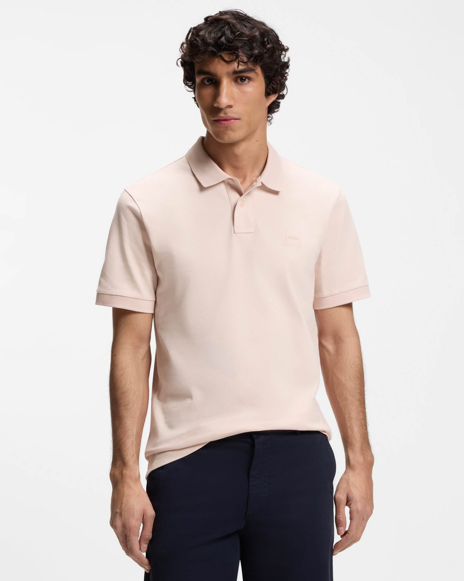BOSS Orange Passenger Mens Stretch - Cotton Slim - Fit Polo Shirt with Logo Patch - Open Pink 690 | CHO | Designer Mens Short Sleeve Polo Shirts - Open Pink 690 - M - 4063548780205