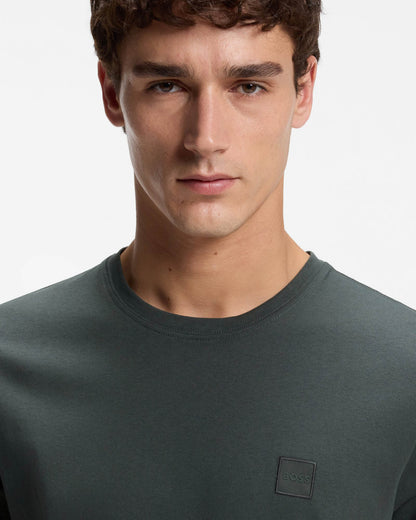 BOSS Orange Tales Mens Cotton - Jersey T - shirt With Logo Patch - Open Green 377 | CHO | Designer Mens Logo T - Shirts