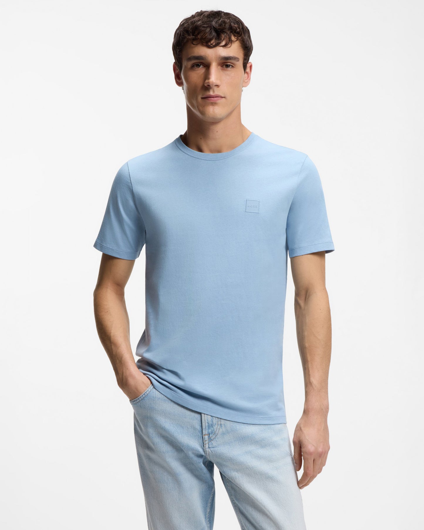 Model wearing BOSS Orange Tales Mens Cotton-Jersey T-shirt With Logo Patch - Light/Pastel Blue 458 - Front