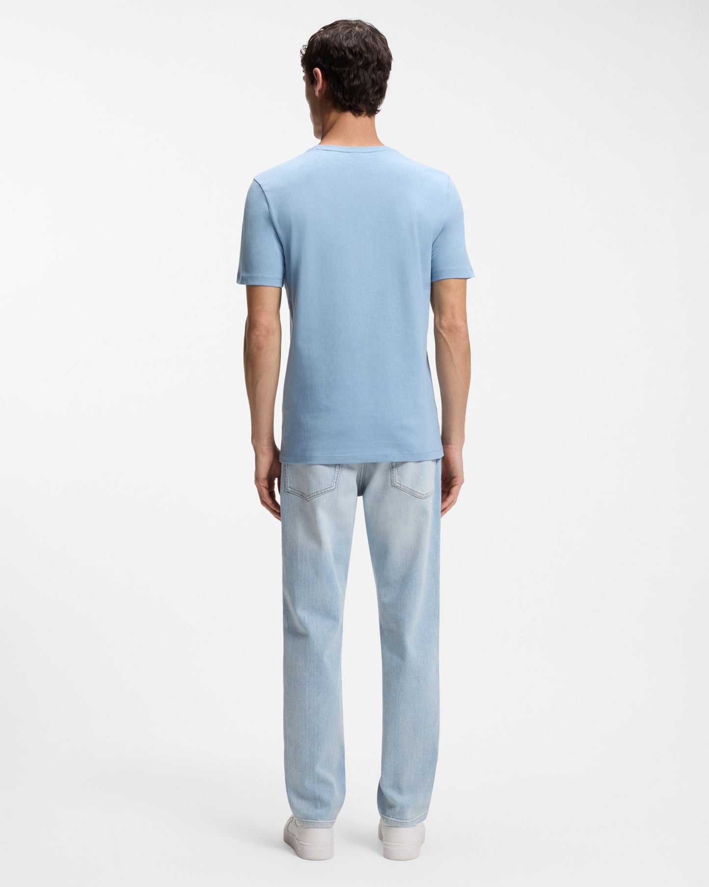 Model wearing BOSS Orange Tales Mens Cotton-Jersey T-shirt With Logo Patch - Light/Pastel Blue 458 - Back