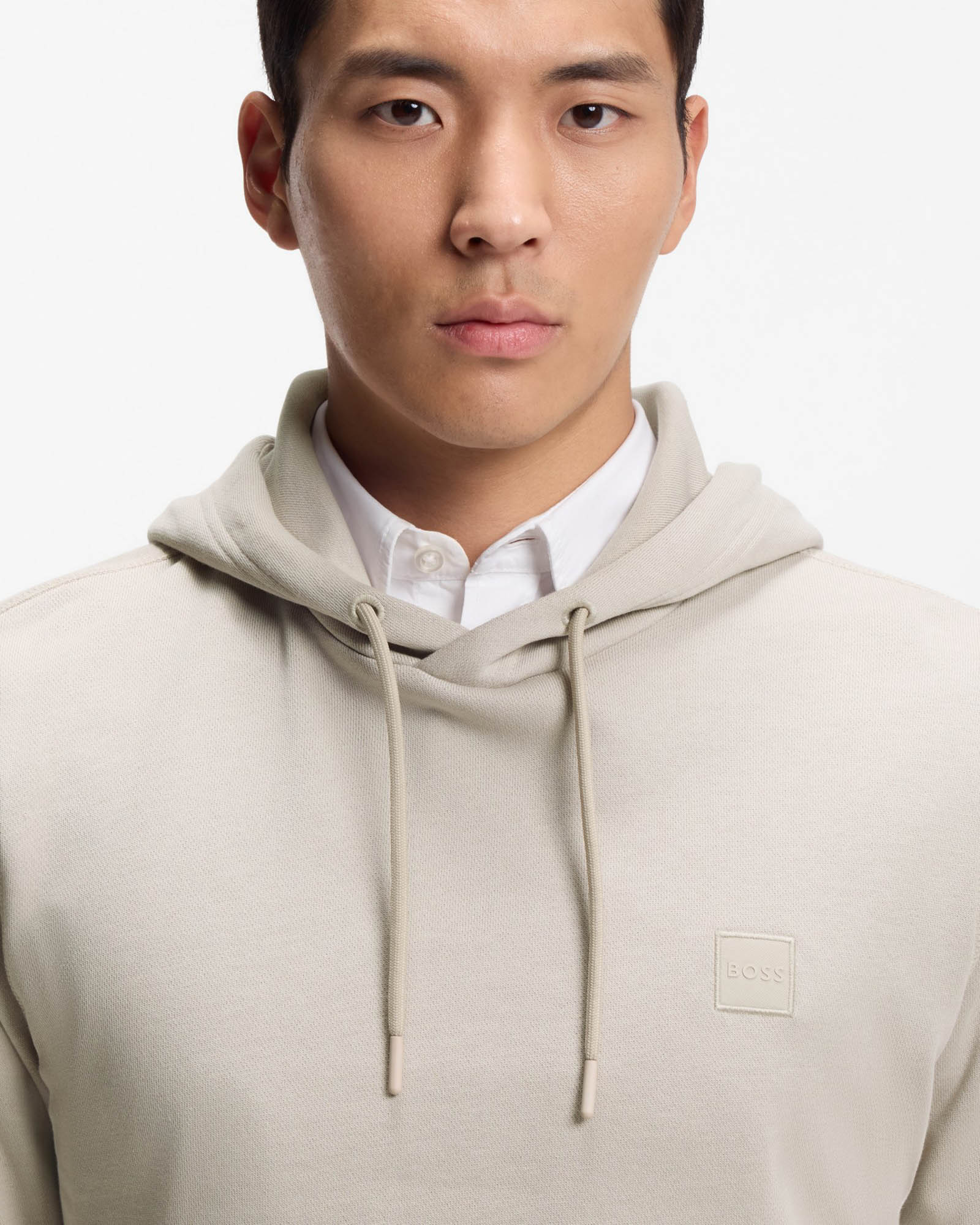 BOSS Orange Wetalk Mens Pullover Hoodie With Logo Patch - Open Grey 070 - CHO - Designer Mens Hoodies