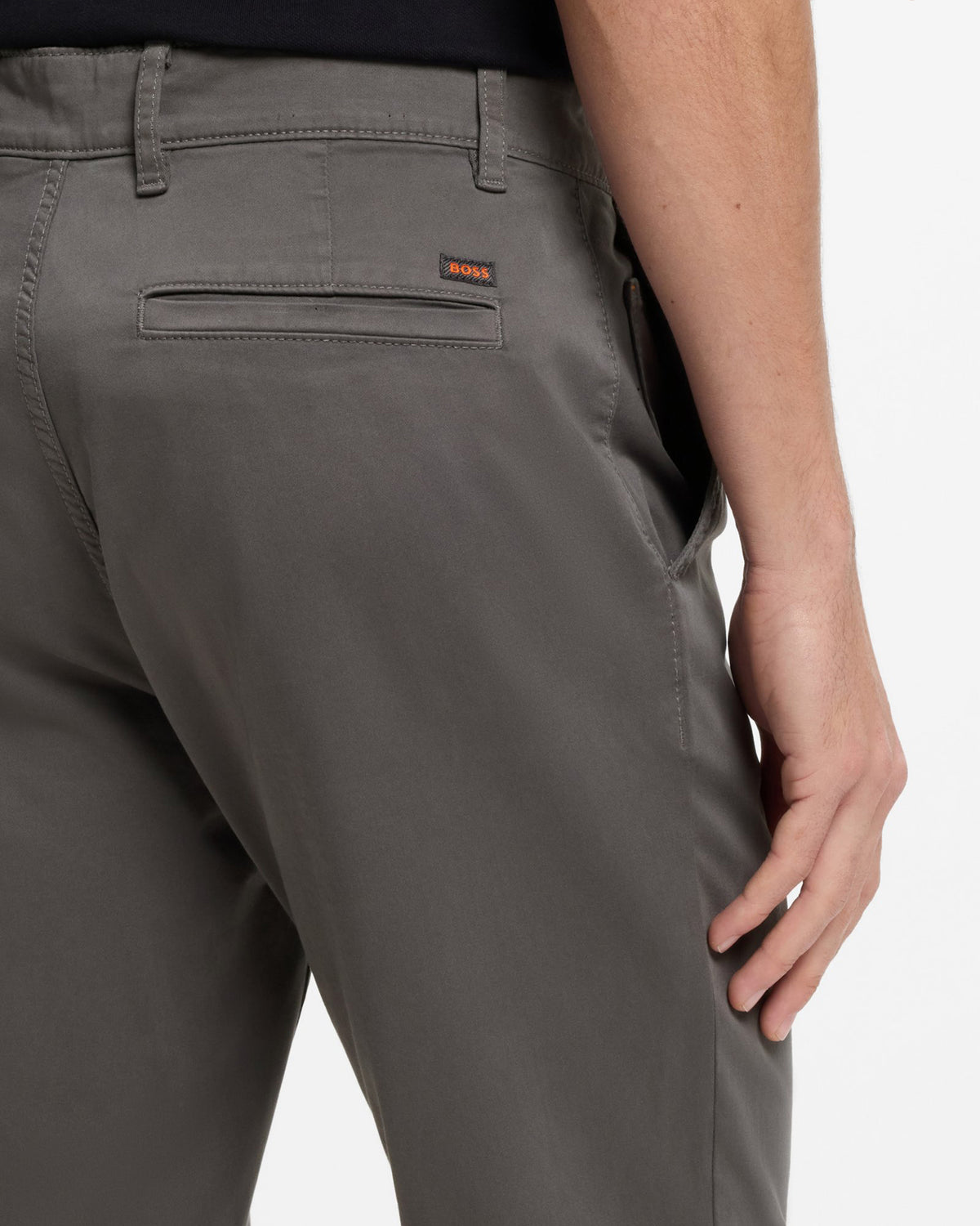BOSS Orange Mens Tapered-Fit Chinos in Stretch-Cotton Satin - Grey 020 back pocket detail