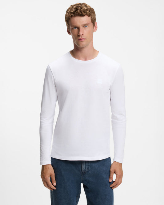 BOSS Orange Tacks Mens Long Sleeve T - Shirt with logo Patch - White 100 | CHO | Designer Mens Long Sleeve T - Shirts & Tops
