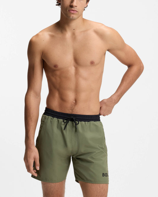 Model wearing BOSS Orange Starfish Mens Swim Shorts - Open Green 350 - Front