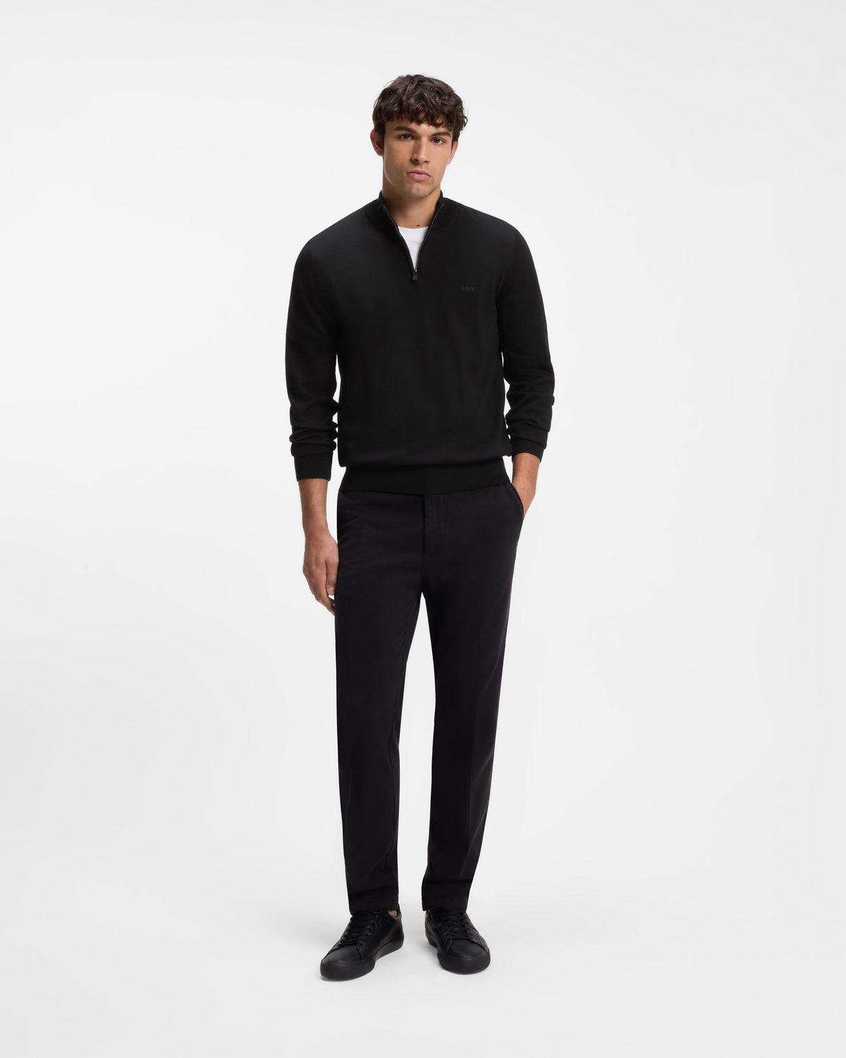 BOSS Orange Padro Mens Zip-Neck Cotton Jumper  - Black 001 full length front