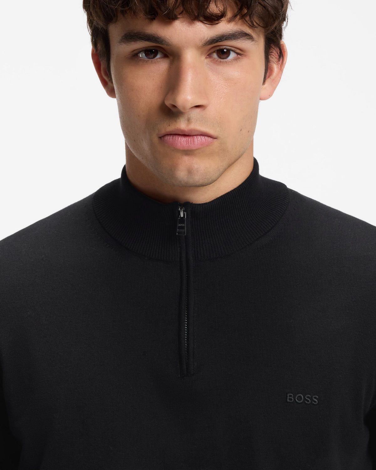 BOSS Orange Padro Mens Zip-Neck Cotton Jumper  - Black 001 detail