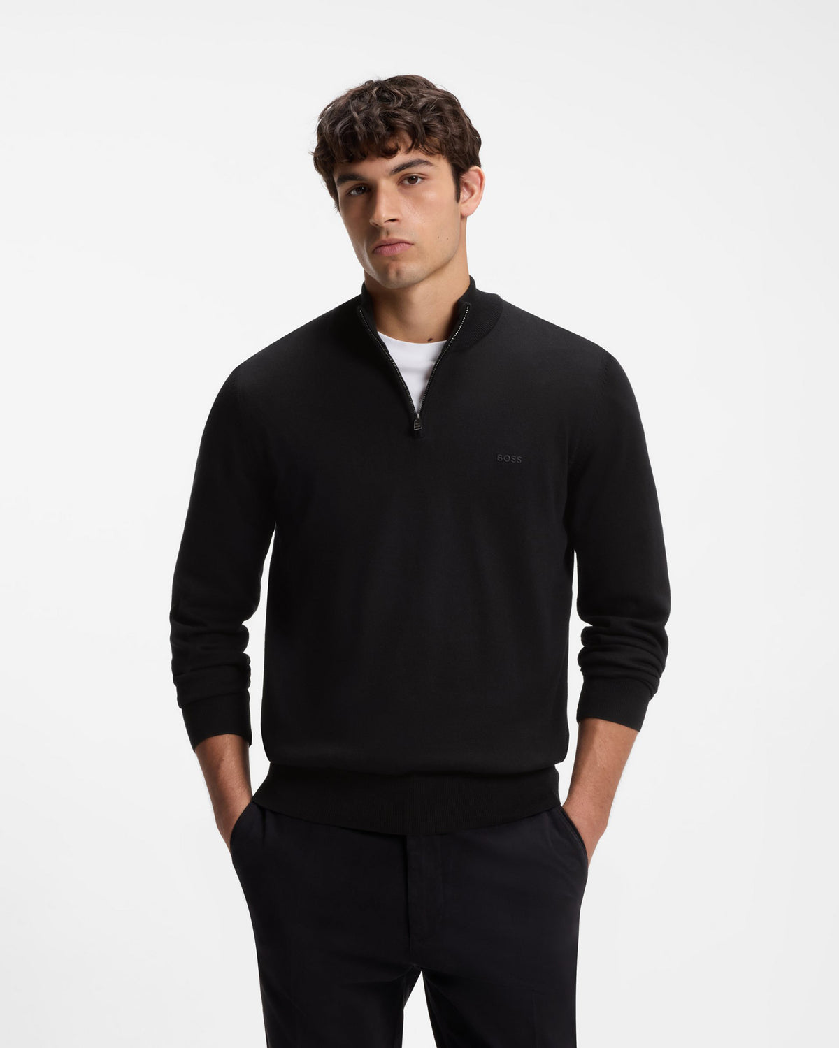 BOSS Orange Padro Mens Zip-Neck Cotton Jumper  - Black 001 front