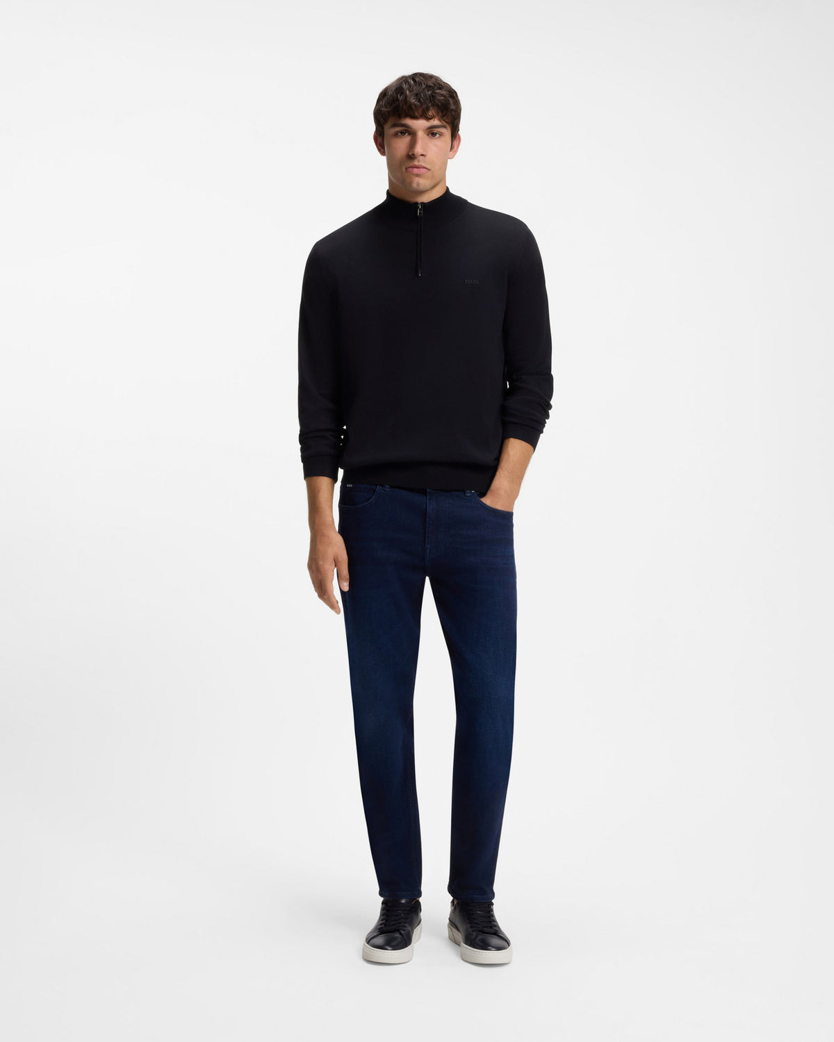 BOSS Orange Padro Mens Zip-Neck Cotton Jumper  - Dark Blue 404 full length front