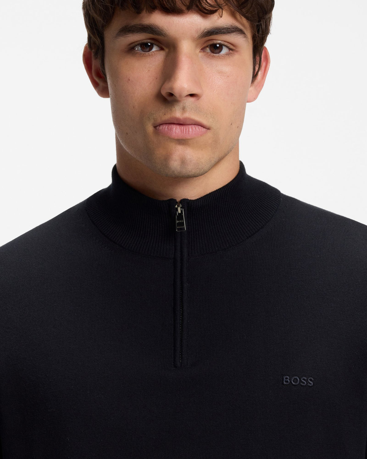 BOSS Orange Padro Mens Zip-Neck Cotton Jumper  - Dark Blue 404 detail