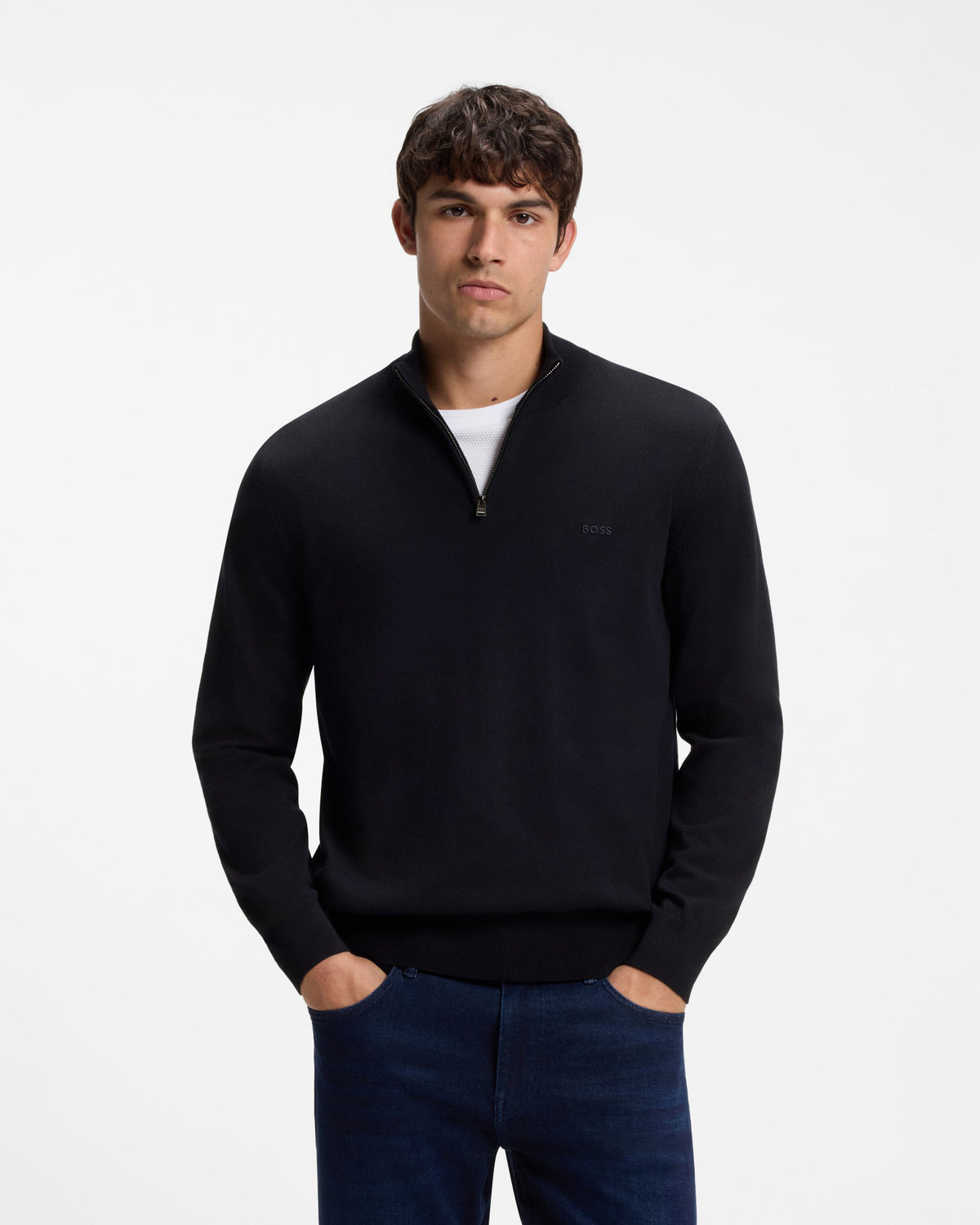 BOSS Orange Padro Mens Zip-Neck Cotton Jumper  - Dark Blue 404 front