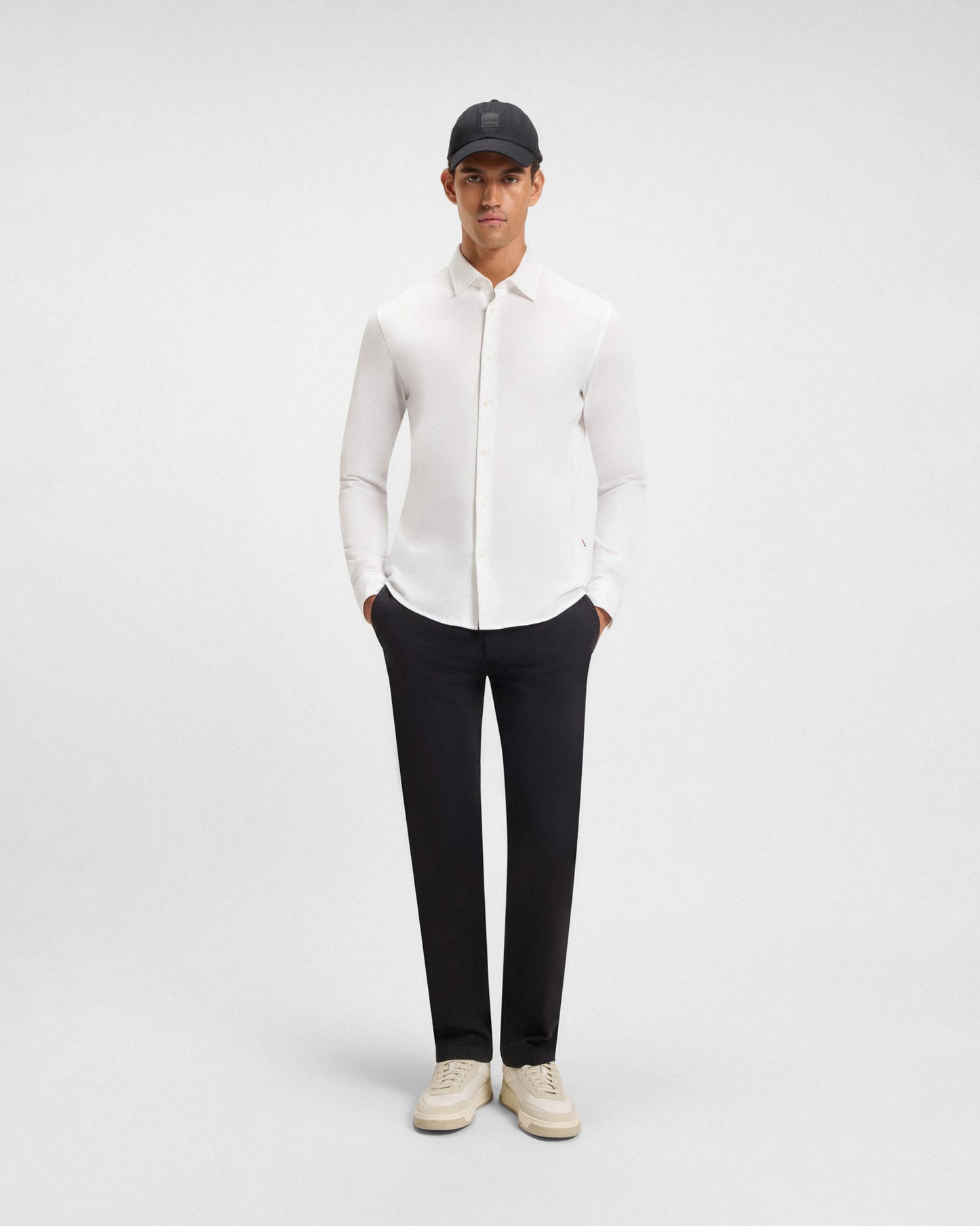 BOSS Orange Mysoft Mens Slim-Fit Shirt in Melange Cotton Jersey - White 100 | CHO | Designer Mens Long Sleeve Shirts