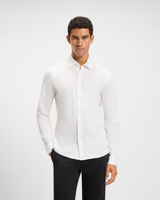 BOSS Orange Mysoft Mens Slim-Fit Shirt in Melange Cotton Jersey - White 100 | CHO | Designer Mens Long Sleeve Shirts
