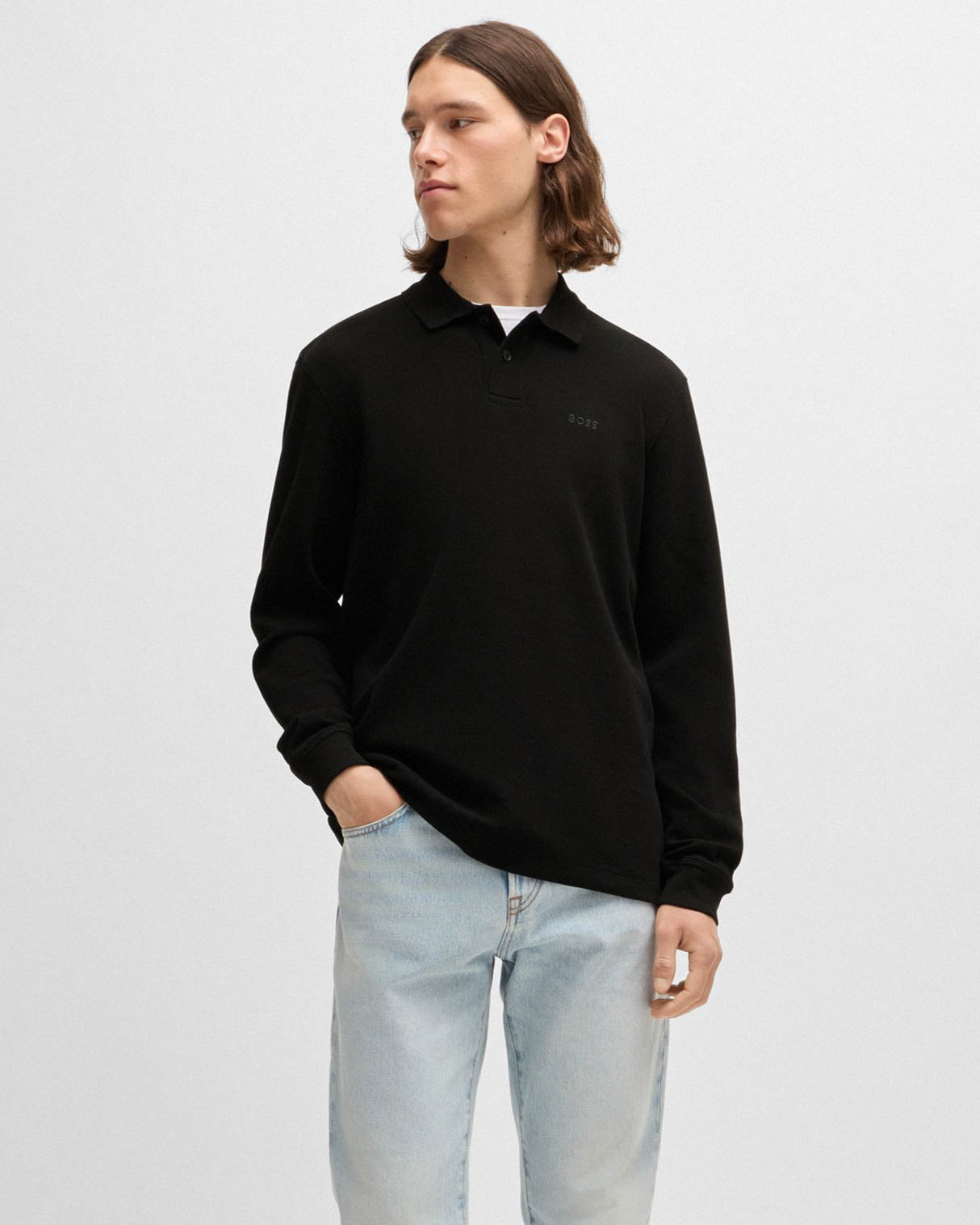 BOSS Orange Petempestolong Mens Cotton-Blend Polo Shirt with Waffle Structure - Black 001