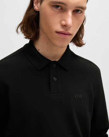 BOSS Orange Petempestolong Mens Cotton-Blend Polo Shirt with Waffle Structure - Black 001