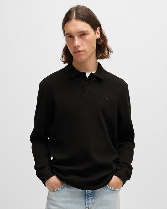 BOSS Orange Petempestolong Mens Cotton-Blend Polo Shirt with Waffle Structure - Black 001