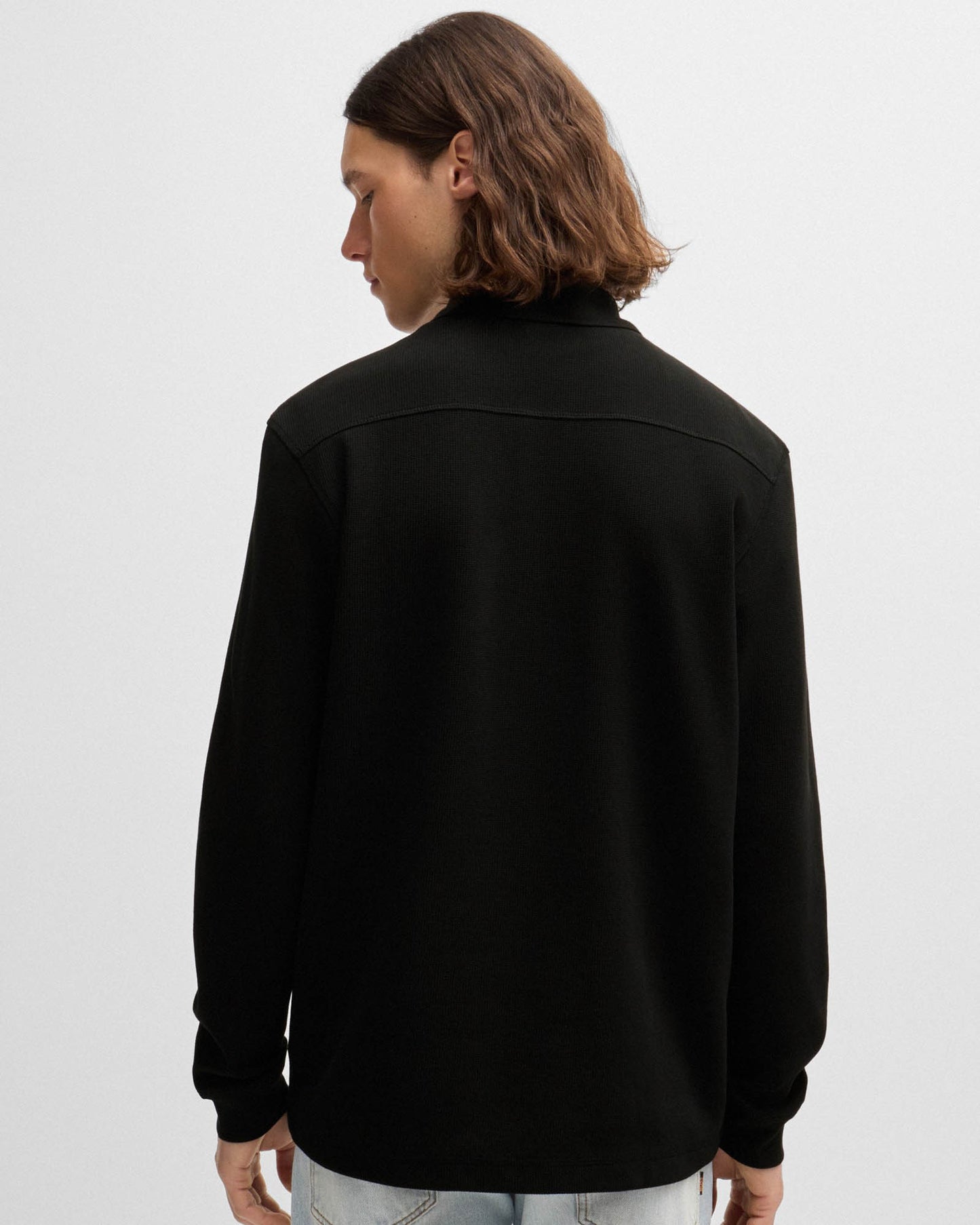 BOSS Orange Petempestolong Mens Cotton-Blend Polo Shirt with Waffle Structure - Black 001