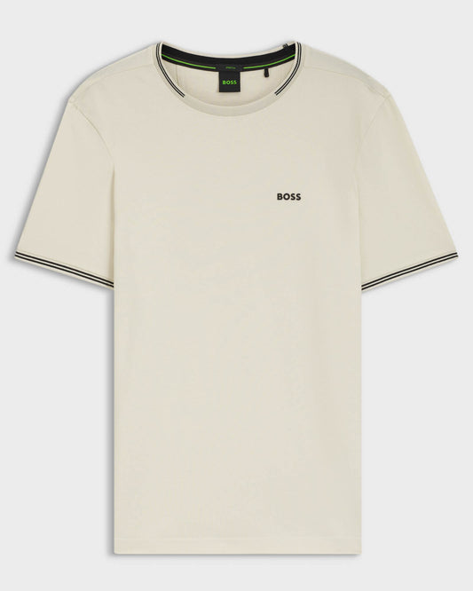 BOSS Green Taul Mens Stretch-Cotton T-Shirt with Stripes and Logo - Open White 131