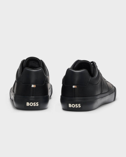 BOSS Orange Aiden Tenn Mens Faux-Leather Trainers with Plain and Grained Textures  - Black 005