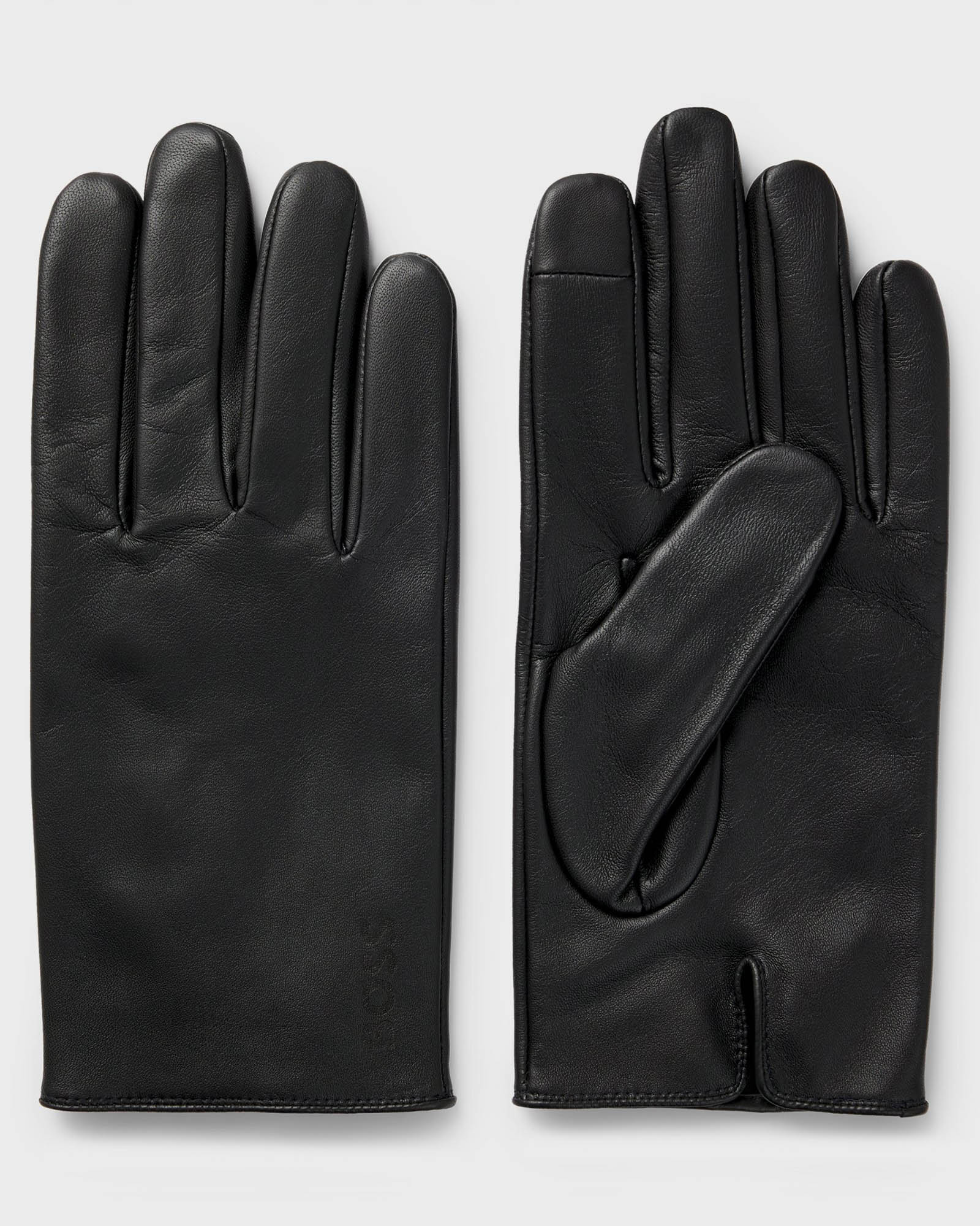 BOSS Orange Mens Grained-leather gloves with full lining and lasered logo - Black 001, front and back