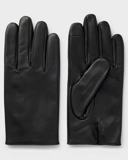BOSS Orange Mens Grained-leather gloves with full lining and lasered logo - Black 001, front and back