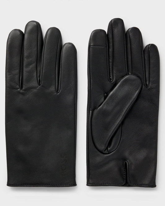 BOSS Orange Mens Grained-leather gloves with full lining and lasered logo - Black 001, front and back
