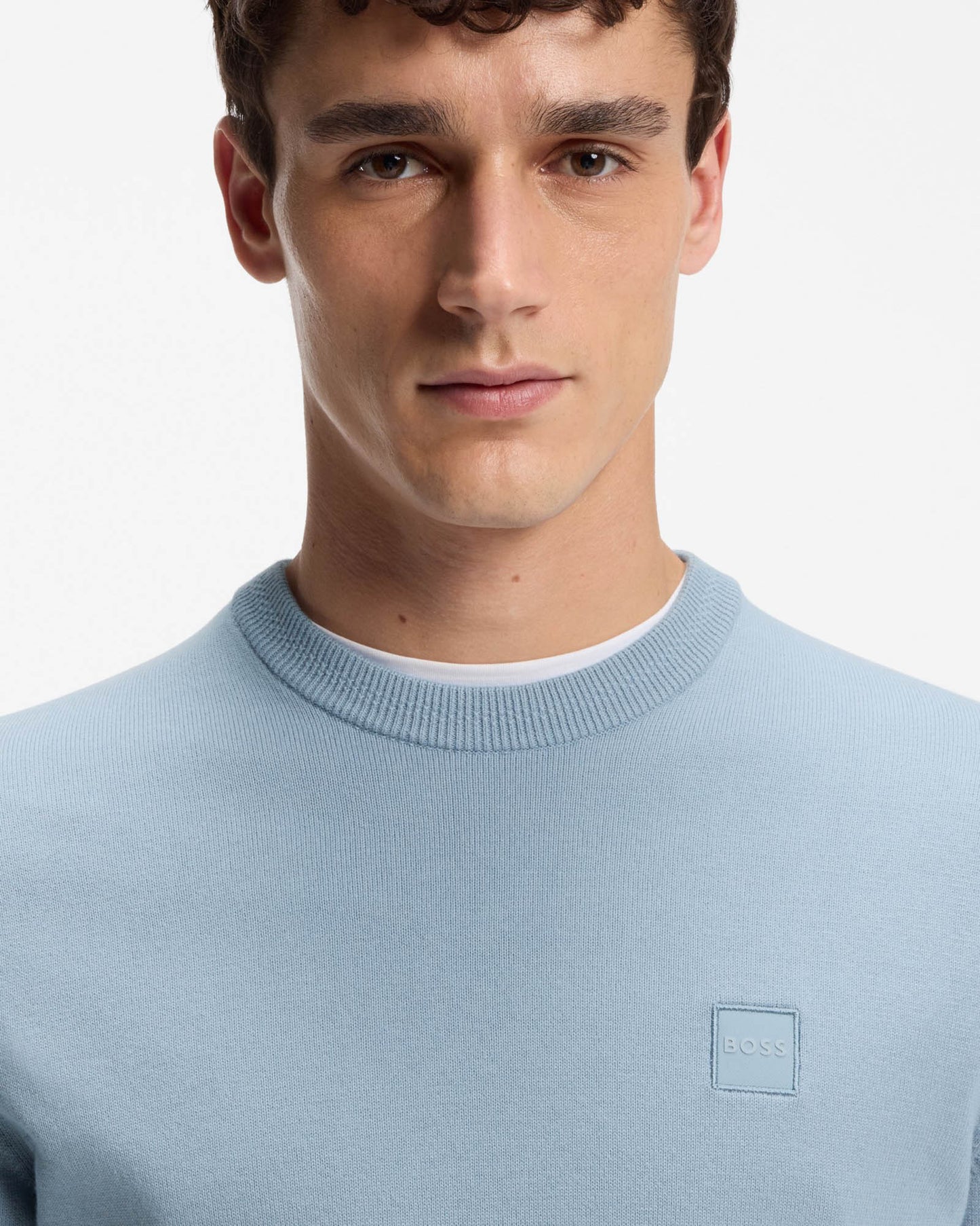 BOSS Orange Kanovano Mens Crew Neck Jumper - Light/Pastel Blue 458 | CHO | Designer Mens Jumpers