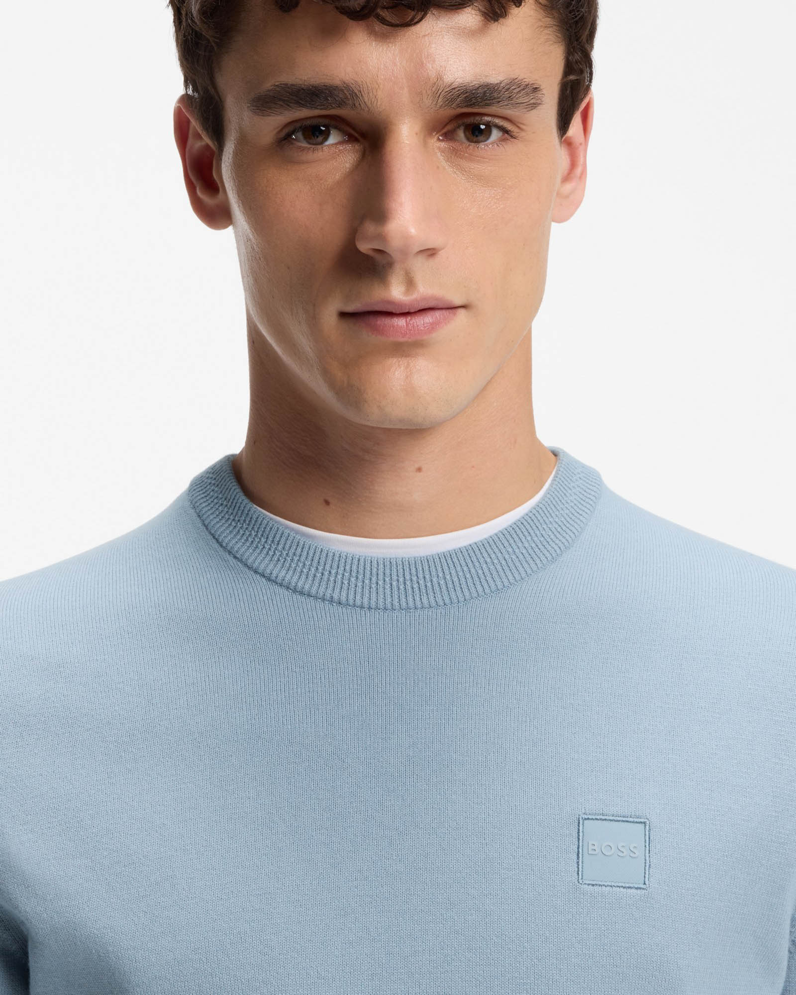 BOSS Orange Kanovano Mens Crew Neck Jumper - Light/Pastel Blue 458 | CHO | Designer Mens Jumpers