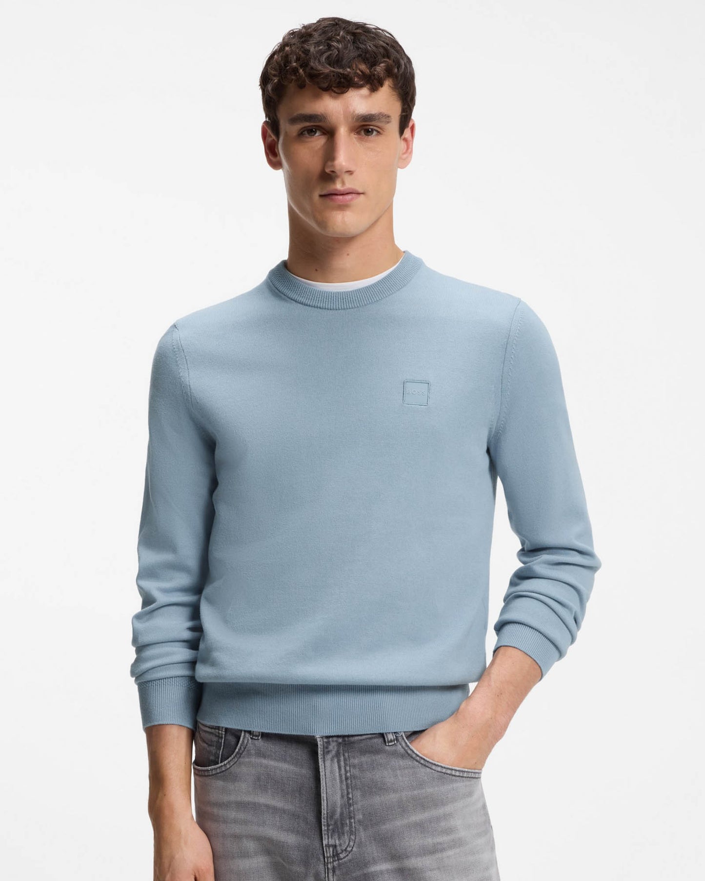 BOSS Orange Kanovano Mens Crew Neck Jumper - Light/Pastel Blue 458 | CHO | Designer Mens Jumpers - Light/Pastel Blue 458 - M - 4063549743513