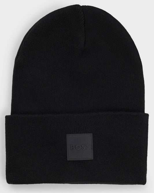 BOSS Orange Fantastico R Mens Beanie Hat in Knitted Cotton with Logo Label  - Black 001