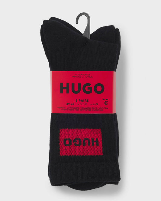 HUGO 3-Pack Quarter Length Combed Cotton Ribbed Mens Socks  - Black 001
