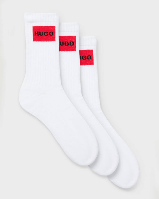 HUGO 3-Pack Quarter Length Combed Cotton Ribbed Mens Socks  - White 100