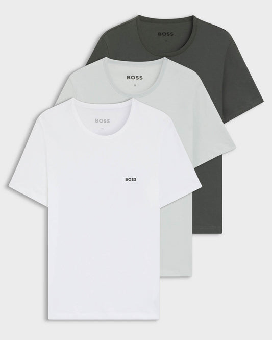 BOSS Orange Mens Three-Pack of Cotton Underwear T-Shirts with Logo Embroidery - White/Green 972
