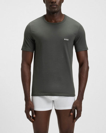 BOSS Orange Mens Three-Pack of Cotton Underwear T-Shirts with Logo Embroidery - White/Green 972