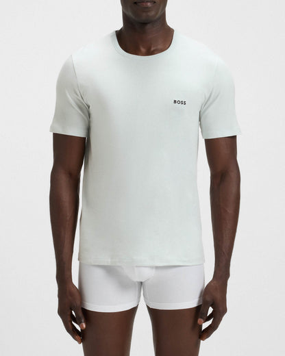 BOSS Orange Mens Three-Pack of Cotton Underwear T-Shirts with Logo Embroidery - White/Green 972